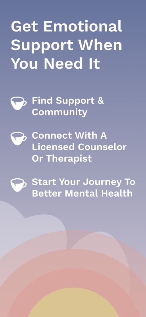 7 Cups: Online Therapy & Chat - Tela promocional do aplicativo 7 Cups destacando suporte emocional, comunidade e serviços de terapia licenciada.