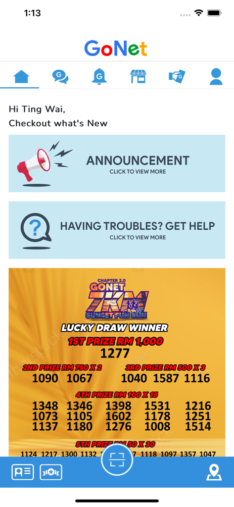 Home dashboard of the GoNet app showing announcements and a sports event lucky draw winner list.