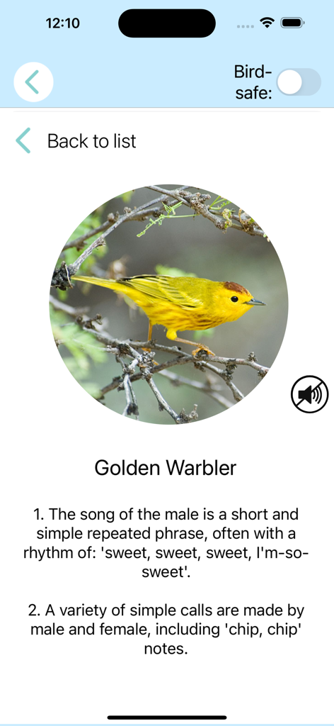 ChirpOMatic Caribbean - Bird identification screen for the Golden Warbler in the ChirpOMatic Caribbean app showing a photo and description of its song