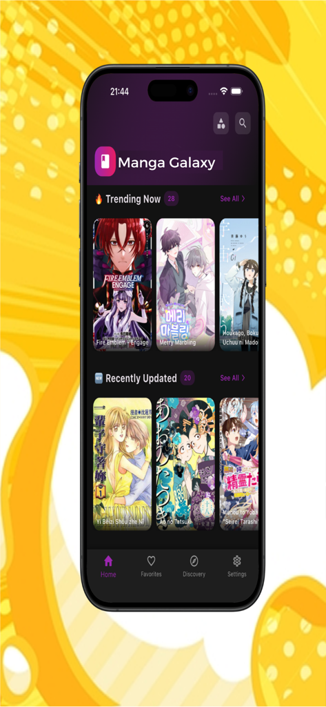 Romance Manga Galaxy: MangaDex - Home screen of the Romance Manga Galaxy app featuring trending and recently updated manga and manhwa titles on an iPhone.