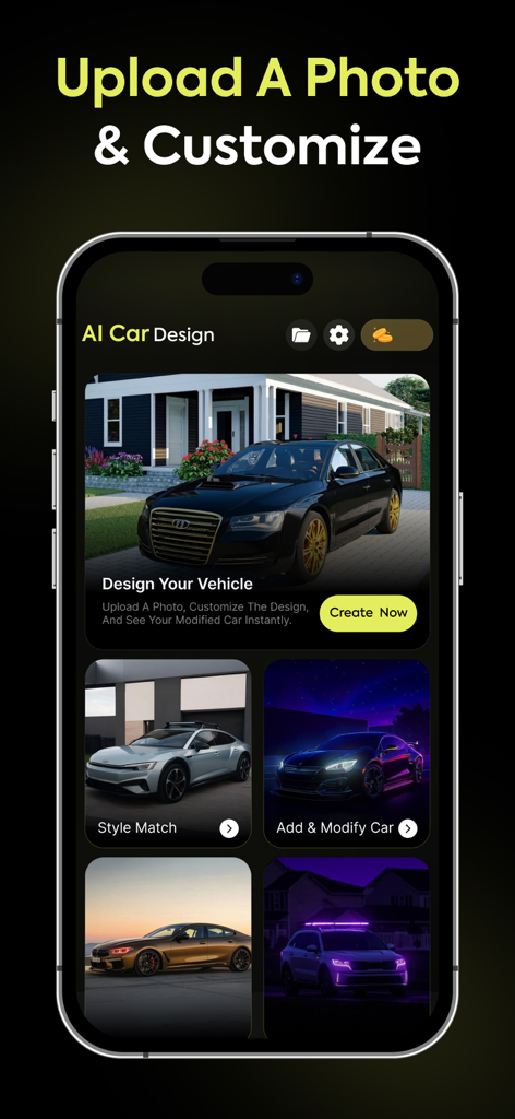 AI Car Designer Modify Style - Main screen of the AI Car Designer app featuring car modification styles like neon lights and custom wheels