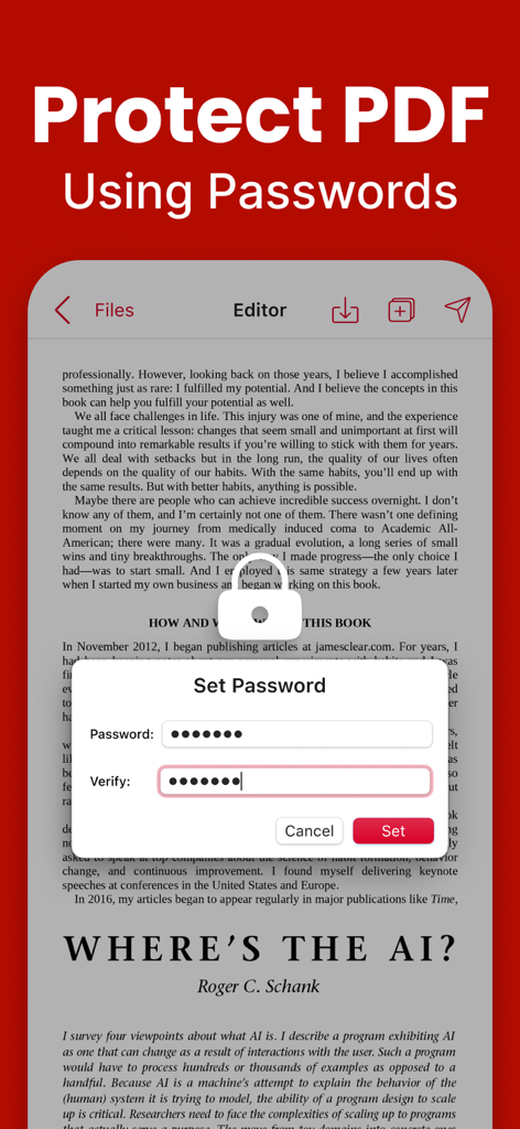 PDF Editor - Fill, Edit & Sign - A smartphone screen showing a password protection prompt over a PDF document
