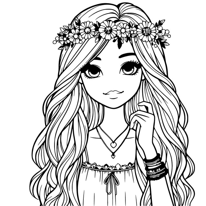 a realistic girl with long hair and a flower crown and bracelet