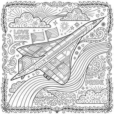 Embark on a high-flying journey of creativity with this intricate supersonic aircraft coloring page, beautifully infused with vibrant Pride themes. Celebrate love, diversity, and the thrill of speed as you bring this unique design to life.