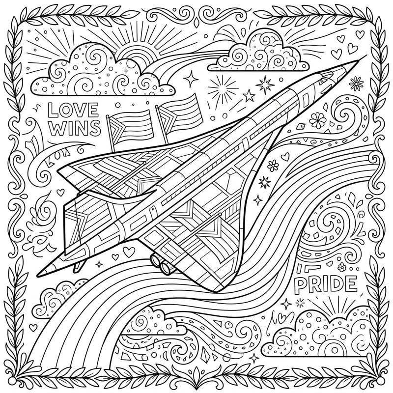 Embark on a high-flying journey of creativity with this intricate supersonic aircraft coloring page, beautifully infused with vibrant Pride themes. Celebrate love, diversity, and the thrill of speed as you bring this unique design to life.