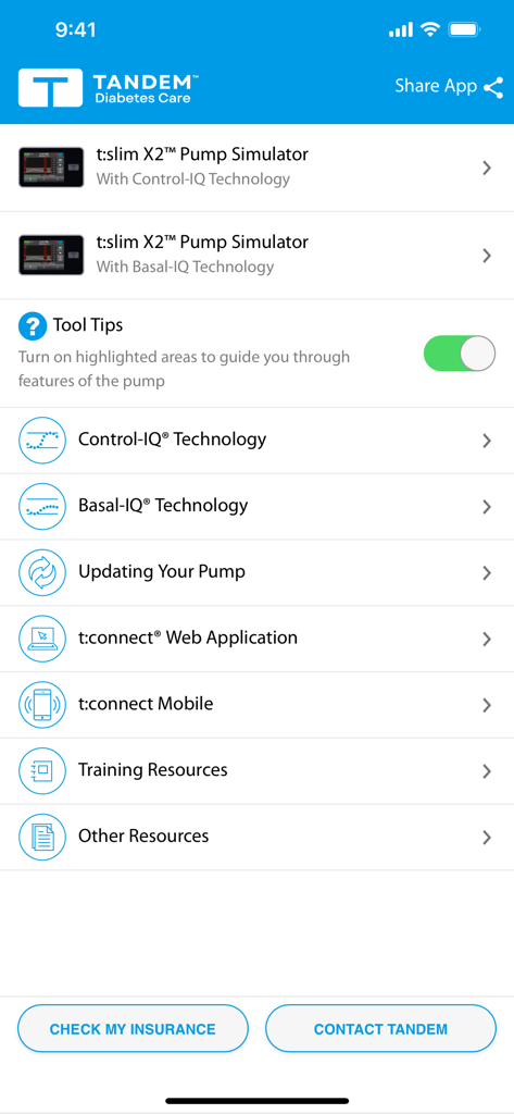 Il menu principale dell'app Tandem t-simulator con opzioni per simulazioni di pompe per insulina e risorse per la cura del diabete.