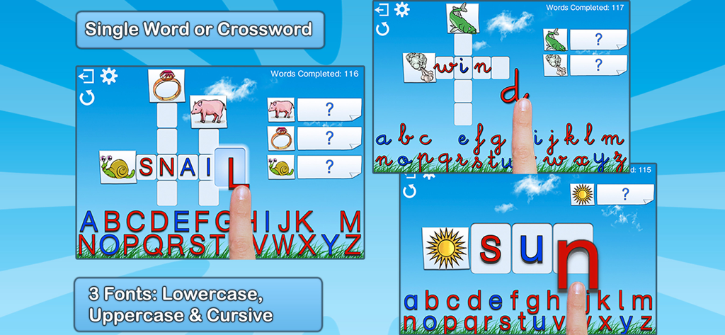 Montessori Crosswords for Kids - Montessori Crosswords for Kids app interface showing spelling puzzles with multiple font styles