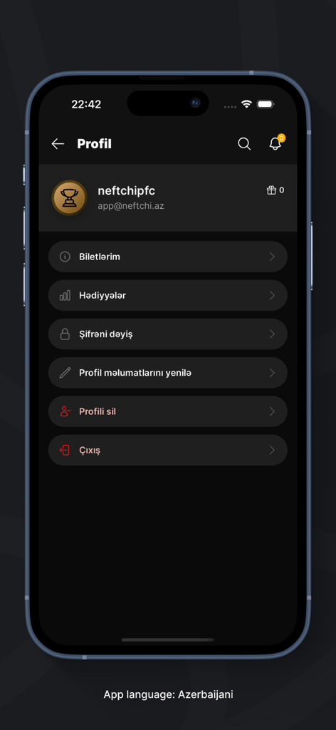 Official Neftchi PFK app profile screen showing fan account settings and rewards