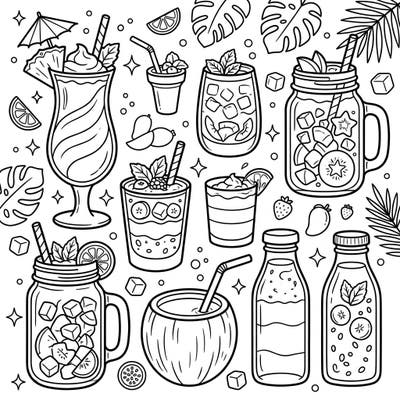 Immerse yourself in a refreshing world of tropical flavors with this delightful coloring page. Featuring an assortment of vibrant smoothies and juices, ready for your artistic touch to bring them to life.