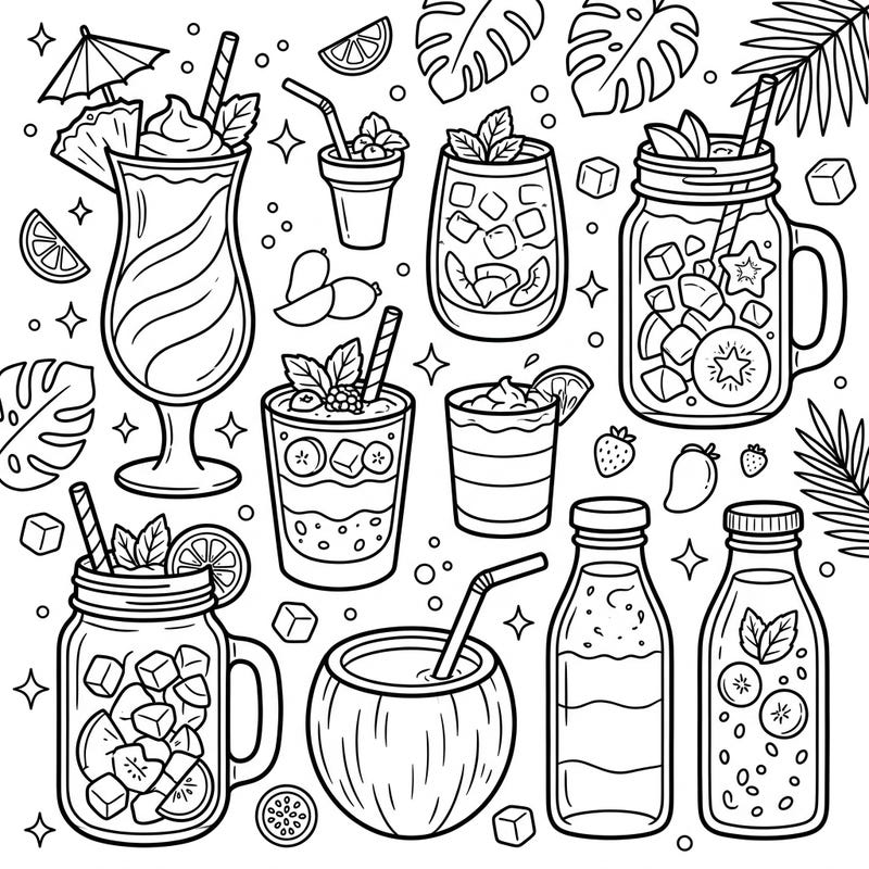 Immerse yourself in a refreshing world of tropical flavors with this delightful coloring page. Featuring an assortment of vibrant smoothies and juices, ready for your artistic touch to bring them to life.