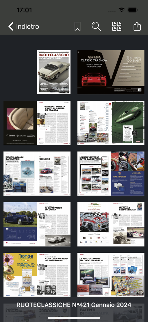 Ruoteclassiche - Una vista a griglia di pagine di un'edizione digitale della rivista Ruoteclassiche su un dispositivo mobile.