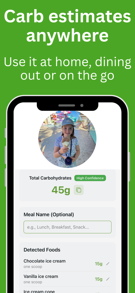 CarbCountAI - CarbCountAI app screen displaying a carbohydrate estimate of 45 grams for an ice cream cone