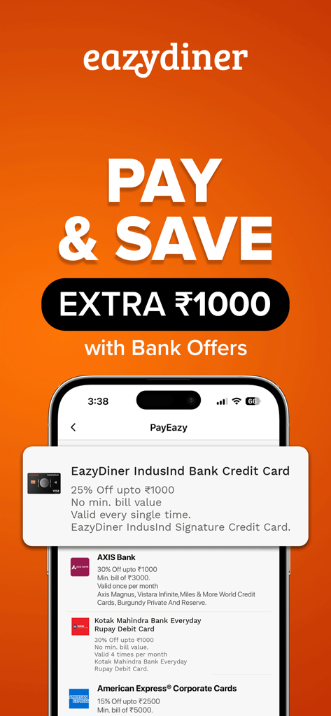 EazyDiner : Eat Out & Save - EazyDiner mobile app screen showing PayEazy bank offers and discounts from IndusInd Bank Axis Bank and American Express