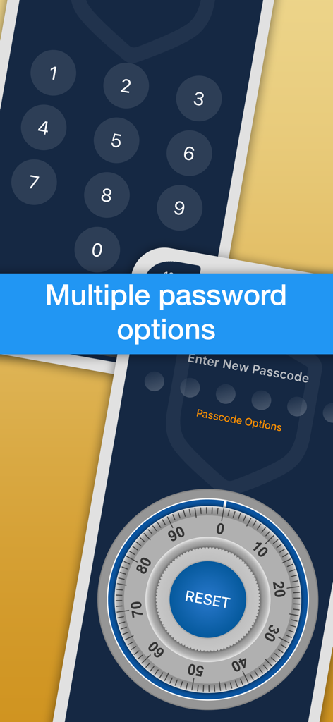 Safety Note+ - Safety Note plus 앱이 숫자 키패드 및 금고 조합 다이얼을 포함한 다양한 비밀번호 잠금 스타일을 보여줌