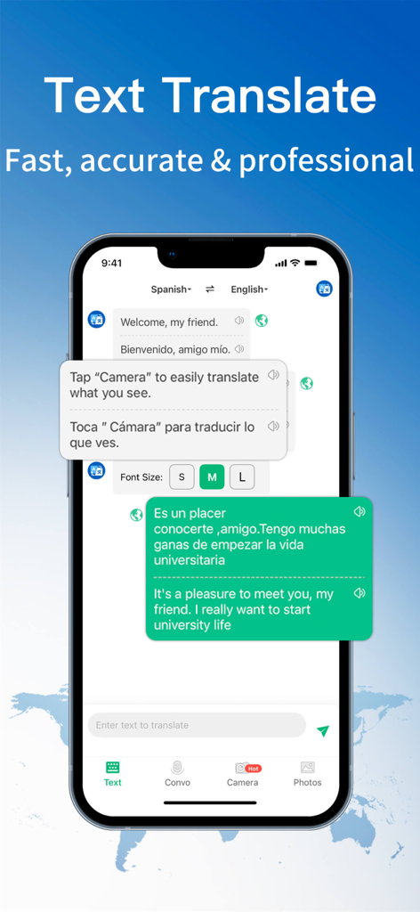 Global Translator-AI Translate - Screenshot of Global Translator app showing text translation between Spanish and English on a mobile screen