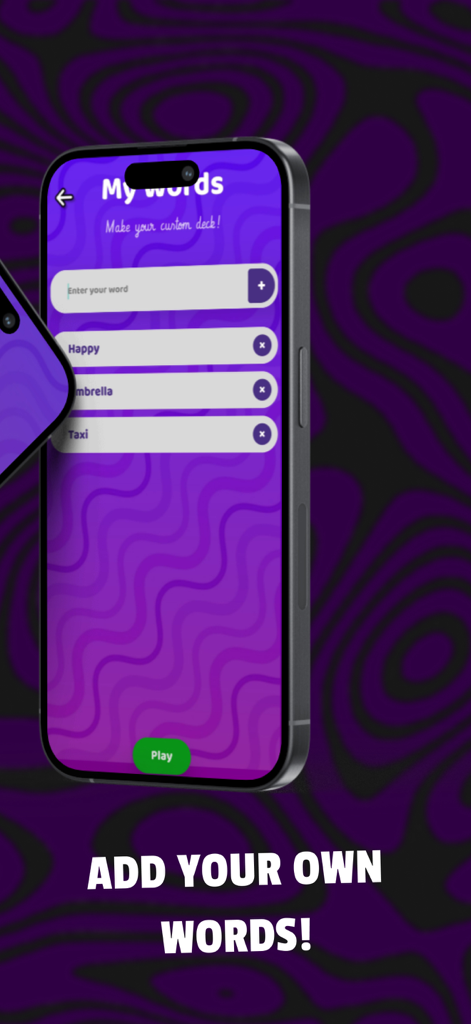 Charades: Guess the Word Game - A smartphone screen showing the custom deck creation feature in the Charades app allowing users to add their own words