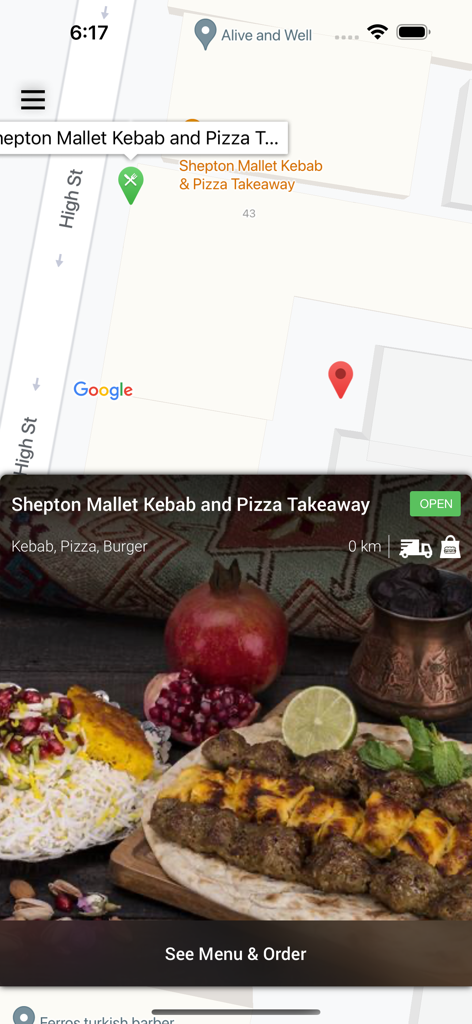 Shepton Mallet Kebab And Pizza - Mobile app screen showing the restaurant location on a map and a button to see the menu and order