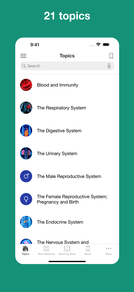 A list of medical terminology study topics organized by body systems like respiratory and digestive systems.