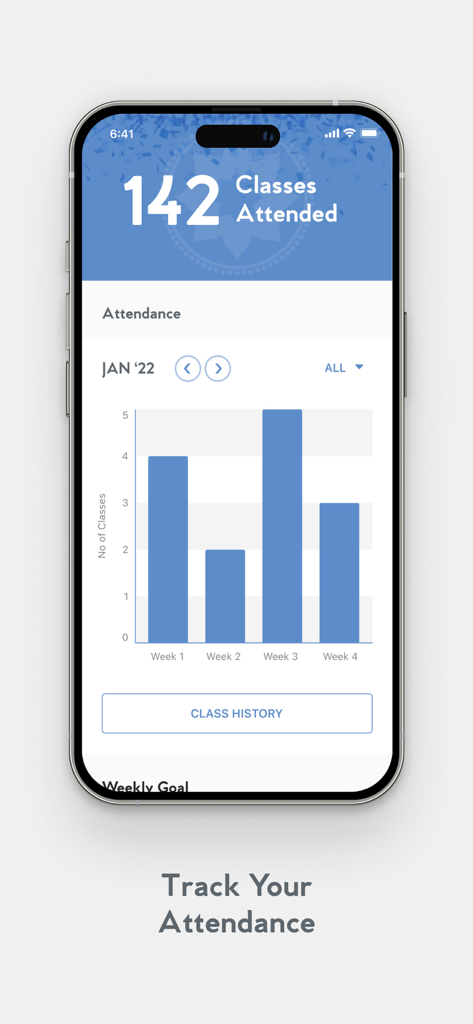 Club Pilates mobile app dashboard showing attendance history and a weekly class frequency chart