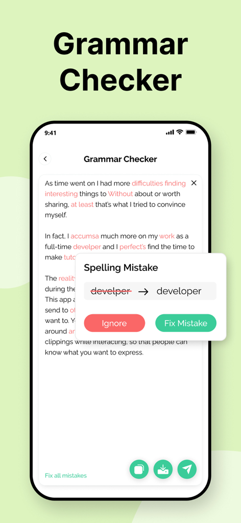 Pantalla del corrector gramatical de la aplicación Prepostseo que muestra una herramienta de corrección de errores ortográficos en un dispositivo móvil