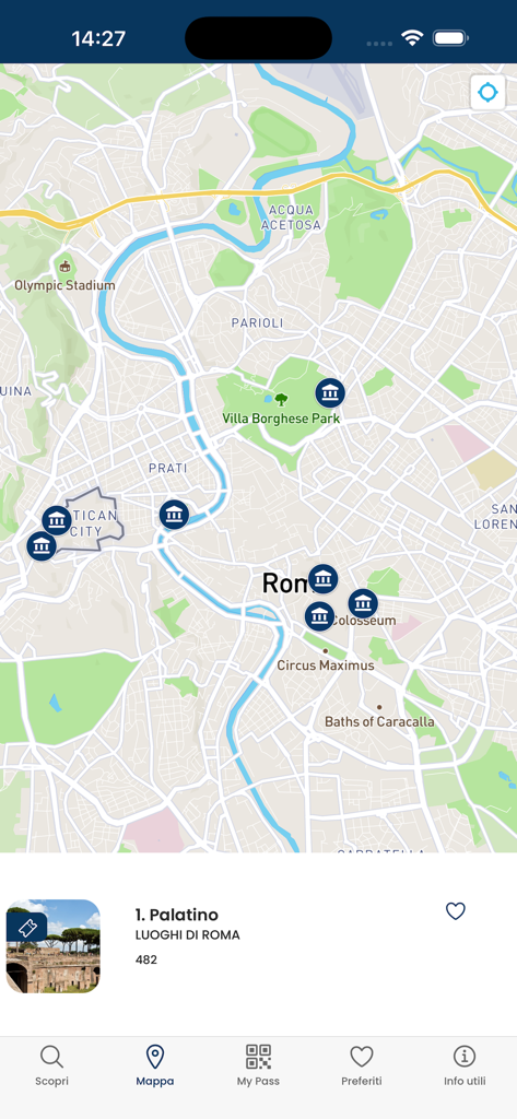 Interactive map showing Rome attractions and historical sites in the Visit Rome Pass app.