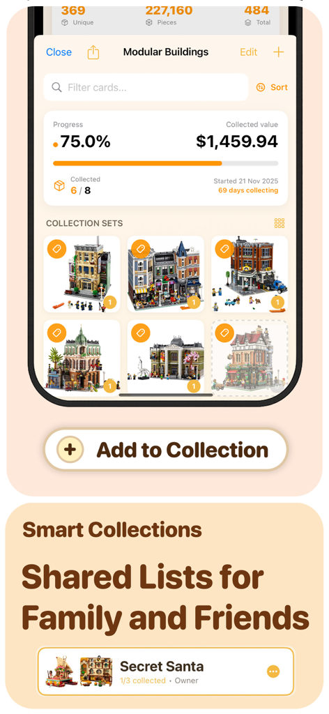 Interface of the LEGO tracker app showing a modular buildings collection with progress and market value