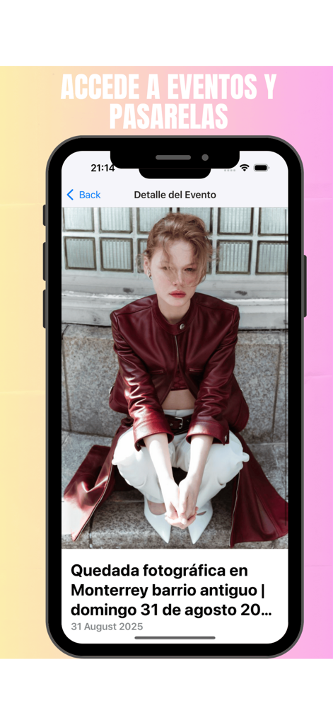 HolliModels - HolliModels App-Oberfläche, die Details für ein Modefotografie-Meetup-Event mit einem Model in einer roten Lederjacke zeigt.