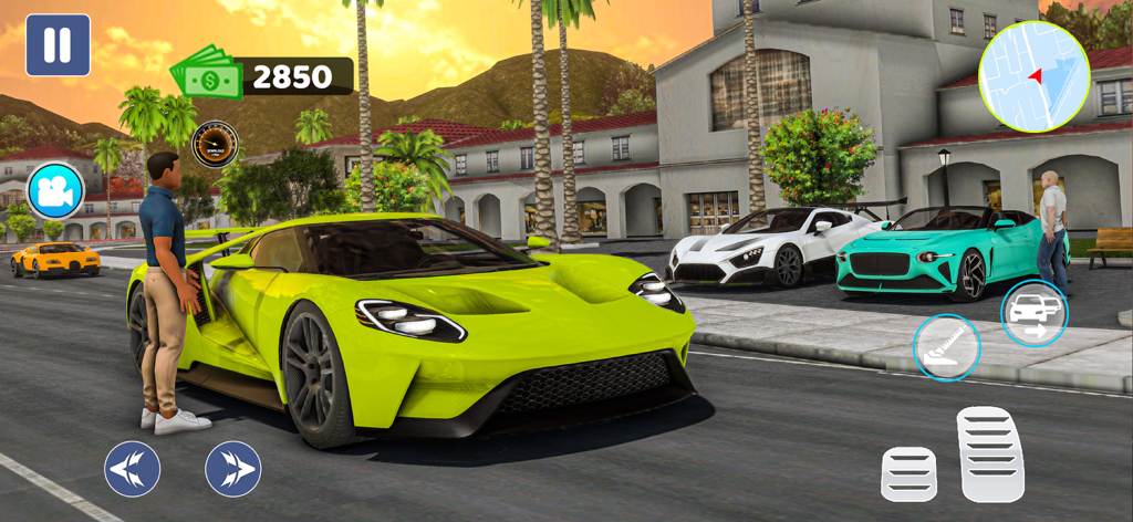 Car Dealership : Company Game - A character standing next to a bright lime green supercar in an urban dealership setting with on-screen driving controls.