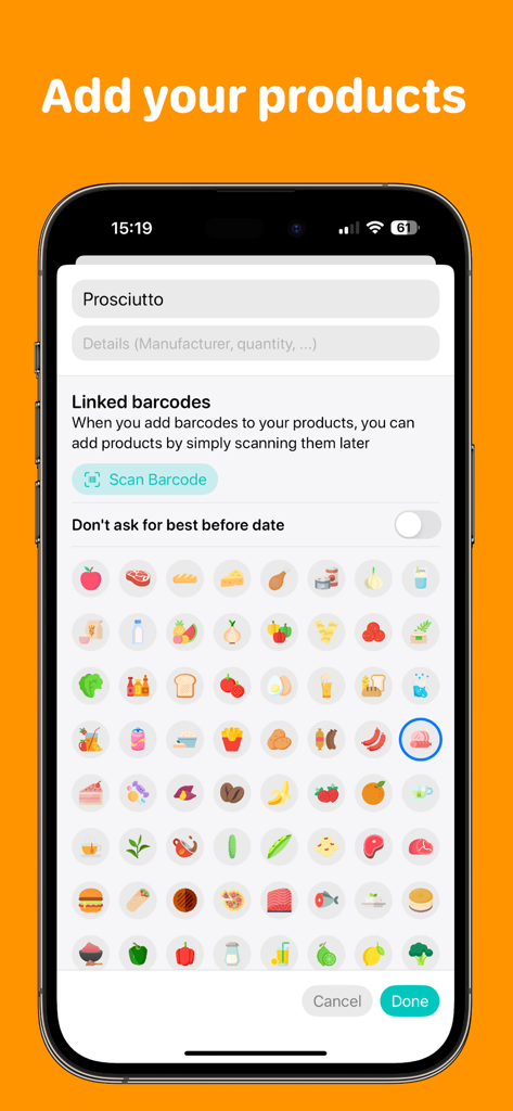 Freshy • Groceries Tracker - Interface of the Freshy app showing the screen to add a new grocery product with barcode scanning and food icons.