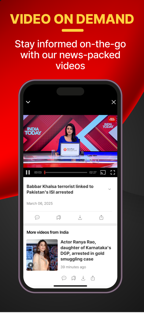 India Today TV English News - India Todayアプリのインターフェース。オンデマンドビデオ機能と最新のニュースレポートが表示されています