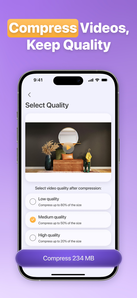 iPhone screen showing video quality options for compression in the Memorra Cleaner app