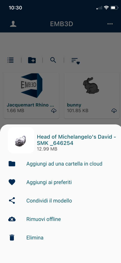 Emb3D 3D Model Viewer - Emb3D app interface showing a list of 3D models and file management options