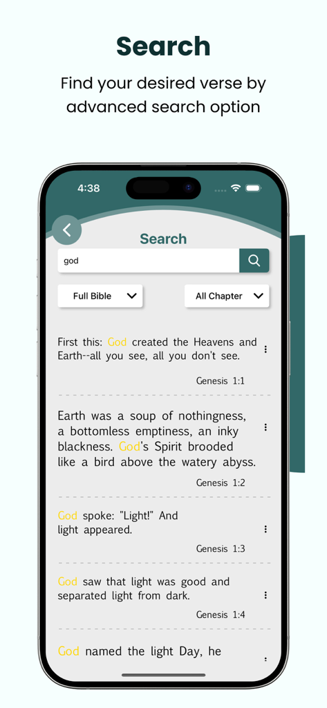 A smartphone interface showing the search feature of the Message Bible app with verses from Genesis.