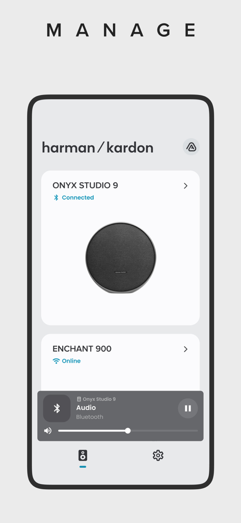 Harman Kardon One app manage screen showing connected Onyx Studio 9 and Enchant 900 audio devices