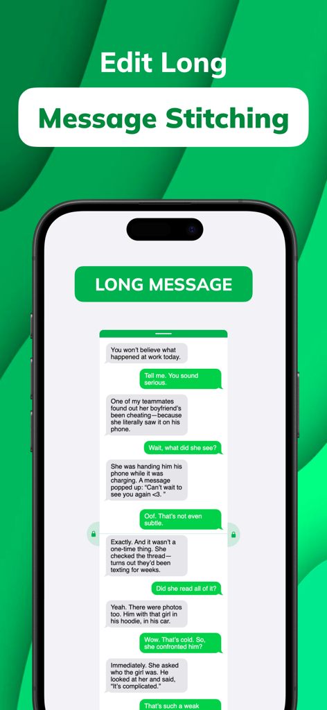 Photo Stitch app interface displaying a continuous long screenshot of a messaging conversation.