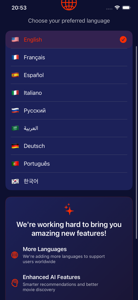 Language selection screen in the Movidex movie discovery app showing multiple language options