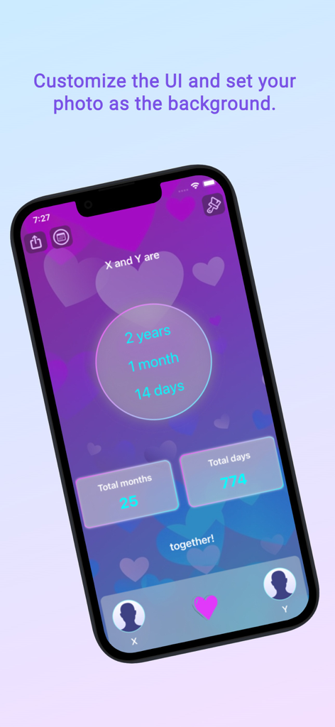 Been in Love - days counter - Interface of the Been in Love app showing a relationship counter with a customizable heart themed background
