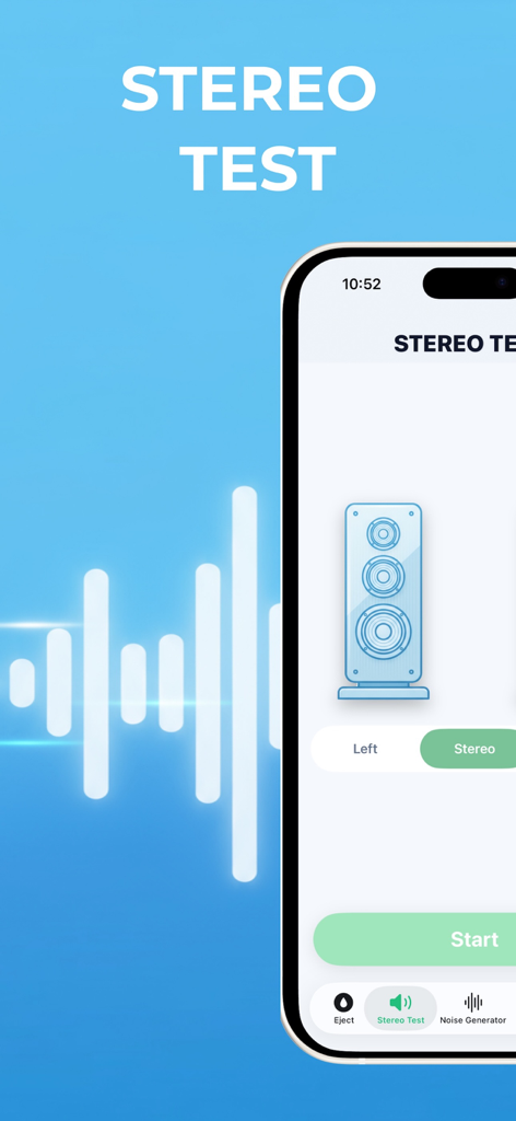 Clever Speaker Cleaner app interface showing the stereo test feature on a smartphone screen