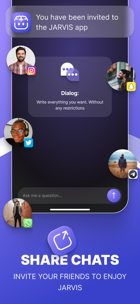 Jarvis Chat bot - AI Assistant - Interface of the Jarvis AI app displaying the share chats and friend invitation feature with social media icons.