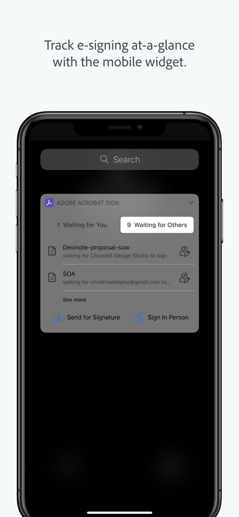 Adobe Acrobat Sign - iPhone画面で文書ステータスを表示するAdobe Acrobat Signモバイルウィジェット。