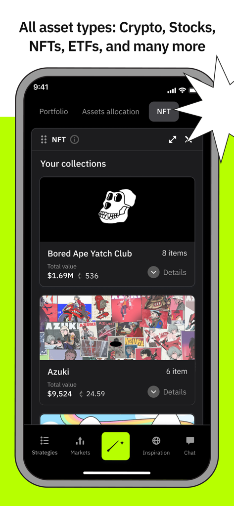 Merlin Investor - Merlin Investor mobile app displaying an NFT portfolio with Bored Ape Yacht Club and Azuki collections