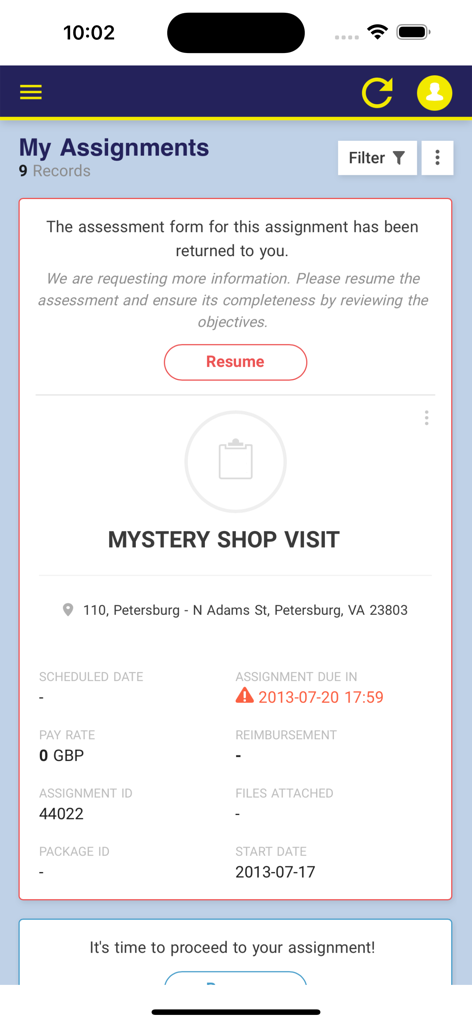 Mystery Shoppers Ltd Mobile - My Assignments dashboard in the Mystery Shoppers Ltd Mobile app.
