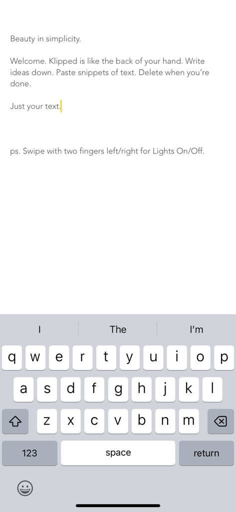Klipped minimalist text editor interface with iOS keyboard