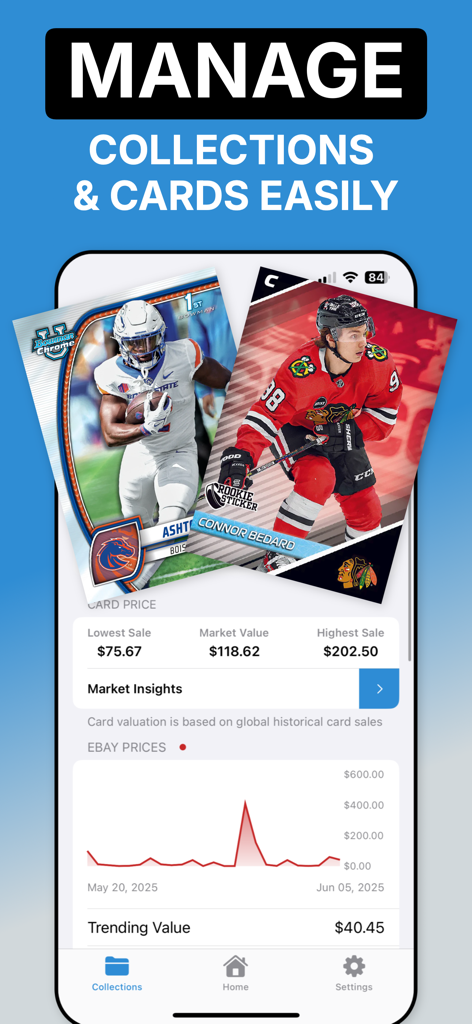 Mobile app interface displaying sports card market value statistics and historical price trends