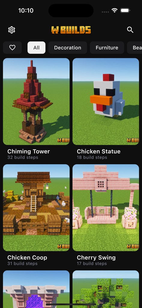 WBuilds 앱의 마인크래프트 건축 튜토리얼 라이브러리로, 종탑과 닭 조각상이 특징입니다.