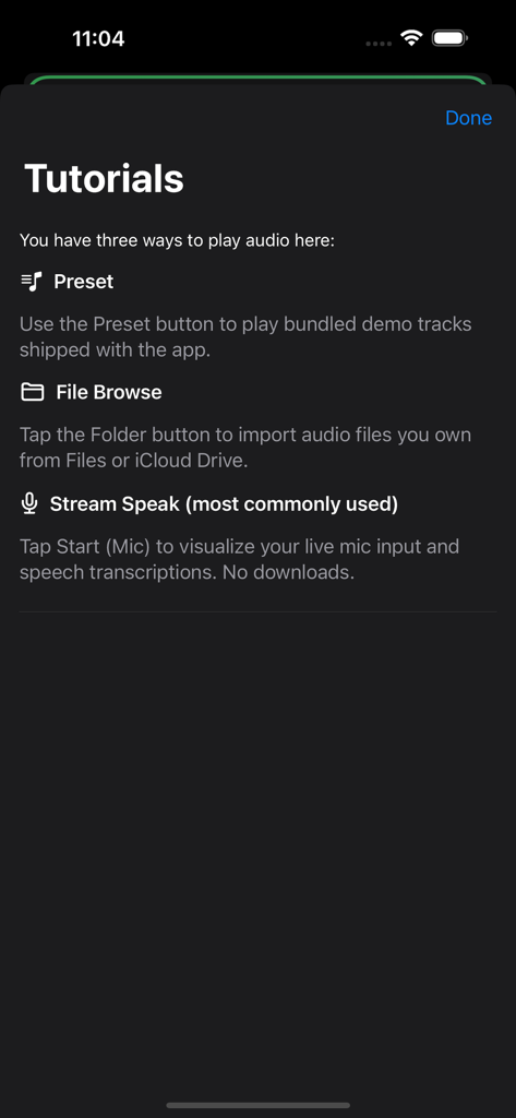 Live Audio & Music Visualizer - Pantalla de tutorial que muestra métodos de entrada de audio, incluyendo preajustes, navegación de archivos y transmisión por micrófono