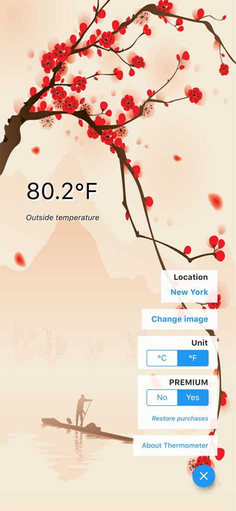 @Thermometer - Digital thermometer app interface showing 80.2 degrees Fahrenheit with a serene floral theme background