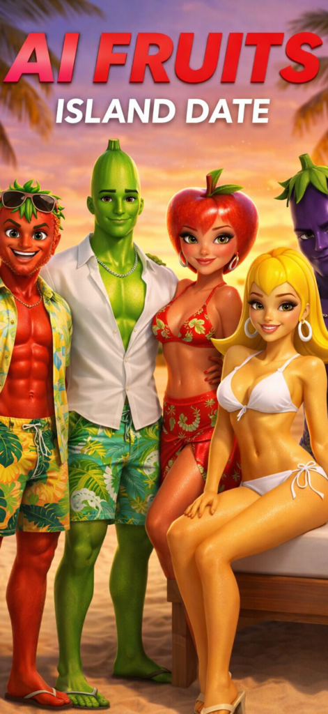 AI Fruits: Island Date - Group of anthropomorphic fruit characters in swimwear on a tropical beach for the game AI Fruits Island Date