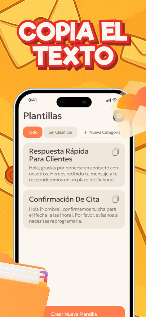 TemplateClip: Categorized - TemplateClip app interface showing organized text templates for customer responses and appointment confirmations