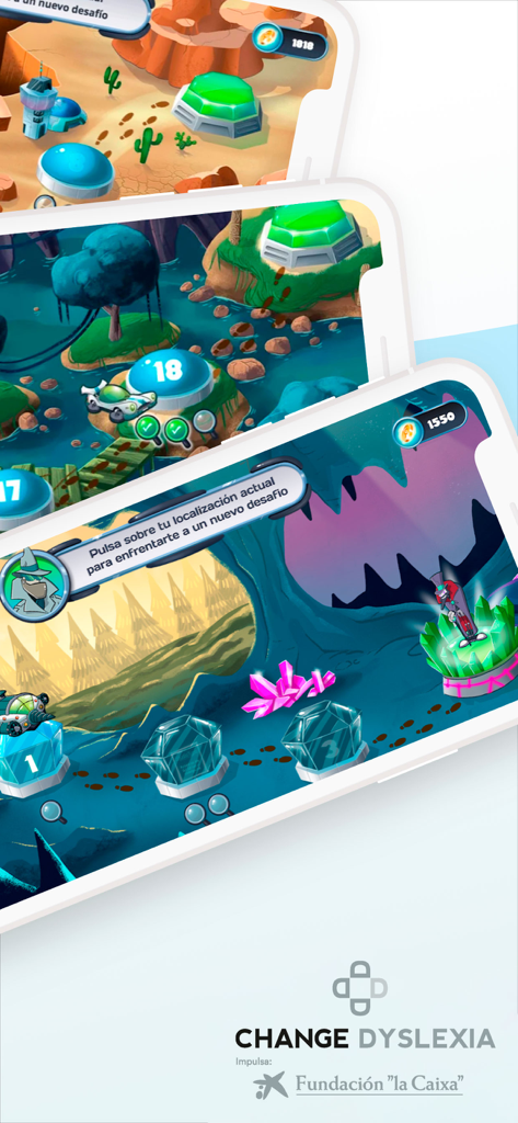 Dytective para la dislexia - Interface de jeu éducatif de l'application Dytective montrant différents niveaux d'apprentissage et des cartes